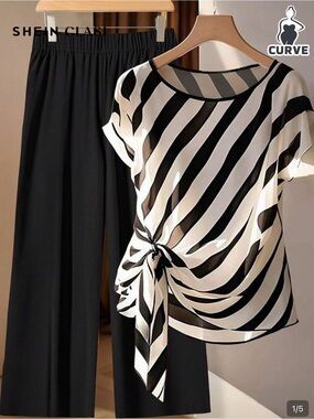 SHEIN Black and White Diagonal Stripe Wrap Blouse with Flutter Sleeves